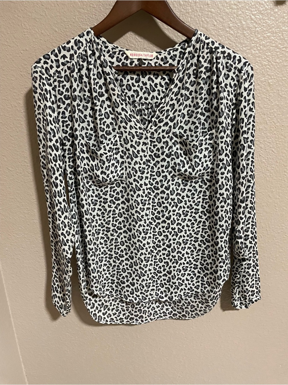 Rebecca Taylor Black and White Silk Leopard Print V-Neck Blouse